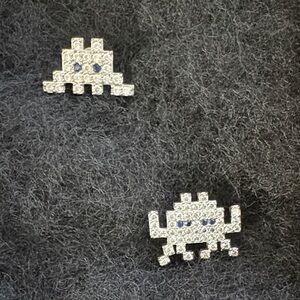 Crystal Studded Silver Space Invader Earrings